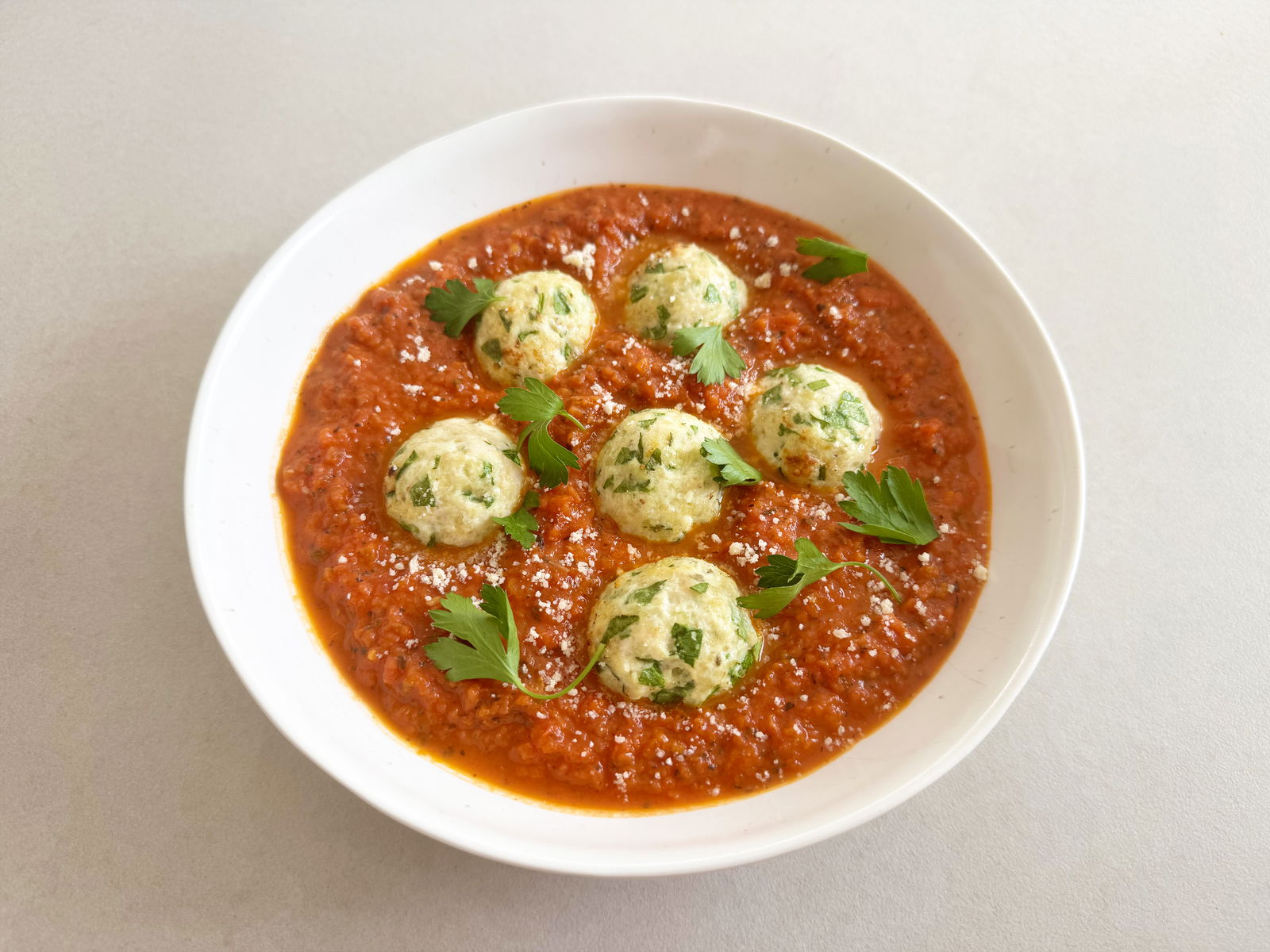 Spinach Ricotta Chicken Meatballs in Slow-Roasted Tomato Sauce