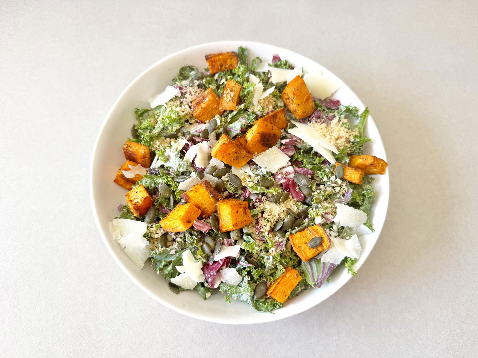 Roasted Sweet Potato Kale Caesar Salad